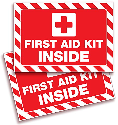 Product Cover First Aid Kit Inside Signs Stickers for Home, Schools & Business - 2 Pack 10x7 Inch - Premium Self-Adhesive Vinyl, Laminated UV, Weather, Scratch, Water and Fade Resistance, Indoor & Outdoor