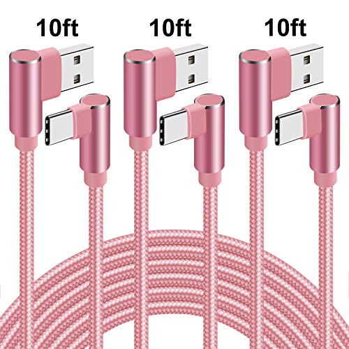 Product Cover 90 Degree USB C Cable 10ft Type C Cable Fast Charging Right Angle 3 Pack Nylon Braided C USB Charger Cable Fast Charge Cord for Samsung Galaxy S9 S8, Note 8,LG G6 G5 V20,Google Pixel (Rose Gold, 10ft)