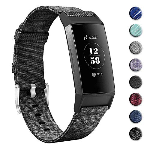 Product Cover hooroor Woven Fabric Breathable Replacement Bands Compatible for Fitbit Charge 3 and Charge 3 SE Fitness Activity Tracker, Soft Accessory Sports Band Wristbands Strap Women Men (Charcoal, Small)