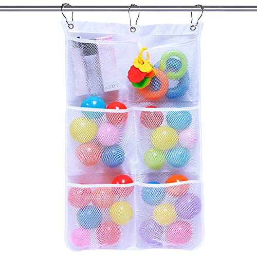 Product Cover STARUBY Mesh Shower Caddy Bath Organizer Shower Curtains Rod Hanging Caddies 6 Pockets with 3 Hanging Rings and 3 Hooks for Selection, 17 x 26 Inch, White