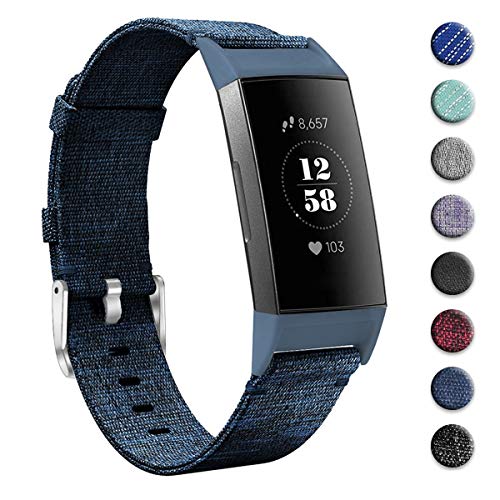 Product Cover hooroor Woven Fabric Breathable Replacement Bands Compatible for Fitbit Charge 3 and Charge 3 SE Fitness Activity Tracker, Soft Accessory Sports Band Wristbands Strap Women Men (Denim Blue, Large)
