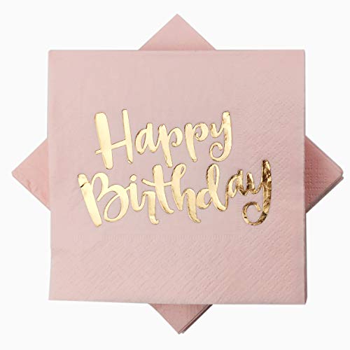 Product Cover Pink Happy Birthday Cocktail Napkins 100Counts 3ply /5'' Disposable Rose Gold Foil Paper Napkins Perfect for Happy Birthday Party Weekend Party Birthday for Girls (Pink with Gold Foil Happy Birthday)