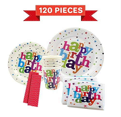 Product Cover Happy Birthday Plates & Napkins Set for 20 People-Sturdy Birthday Party Supplies Pack with Large Paper Plates, Small Plates, Cups, Napkins, Straws Best for Girls & Boys (A-Happy Birthday)