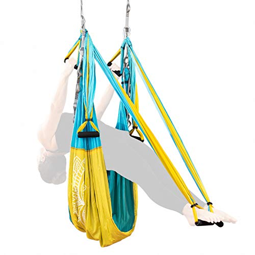 Product Cover Adult Yoga Swing Kit - Hanging Aerial Yoga Equipment System for Body Inversion, Flexibility and Exercise - Parachute Fabric Hammock Sling with Rubber Grip Handles & Carabiners - Hammock Strap
