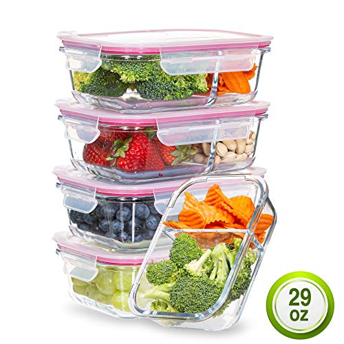 Product Cover Glass Meal Prep Containers- 2 Compartment Bento Box -Portion Control Food Storage Travel Size (4 pack)-Stack-able with BPA Free- LIFETIME Airtight Locking Lids- Microwave/Dishwasher/Oven/Freezer Safe 