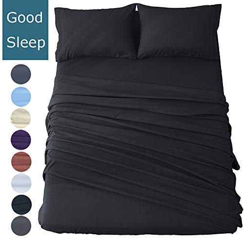 Product Cover Shilucheng Bed Sheets Set Microfiber 1800 Thread Count Percale Super Soft and Comforterble 16 Inch Deep Pockets Wrinkle Fade and Hypoallergenic - 4 Piece(Full, Black)