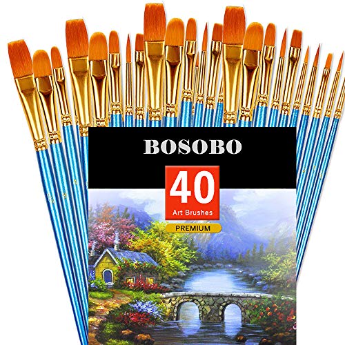 Product Cover BOSOBO Pointed-Round Paint Brush, 4 Sets of 10 Pieces Fine Tip Nylon Hair Miniature Paint Brushes for Acrylic Oil Watercolor Gouache, Artist Face Nail Body, Paint by Numbers, Model Craft & Rock Art
