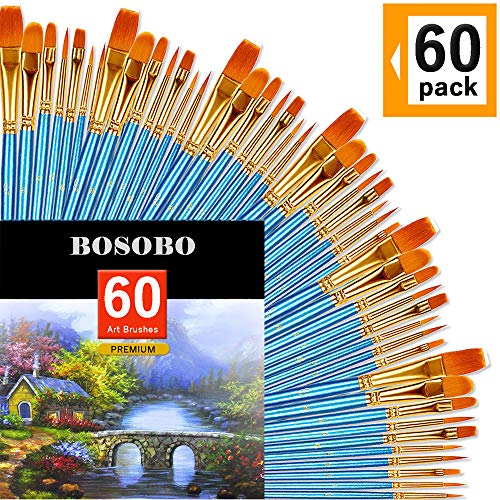 Product Cover BOSOBO Paint Brush Sets, 6 Pack 60 Pcs Pointed-Round Tip Paintbrushes Nylon Hair Artist Acrylic Paint Brushes for Acrylic Watercolor Oil, Face Art, Model, Miniature Detailing & Rock Painting, Blue