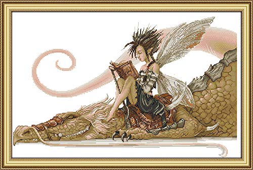 Product Cover Joy Sunday The Girl Sits on The Dragon Reading A Book Counted Cross Stitch Kits,Cross-Stitch White Blank Fabric Embroidery Kit 14CT 21''x14''