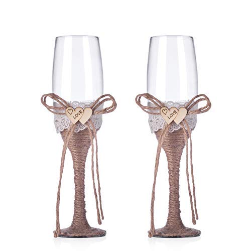 Product Cover Rustic Wedding Toast Champagne Flutes Bride and Groom Glasses Natural Burlap Twine Wood Heart Rustic Wedding Decoration(Set of 2) (Wood Heart)