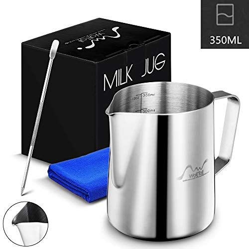 Product Cover Stainless Steel Milk Frothing Pitcher, 12oz/350ml Milk Coffee Cappuccino Latte Art Frothing Pitcher Barista Milk Jug Cup, Measurements on Both Sides Inside Decorating Art Pen & Microfiber Cloth