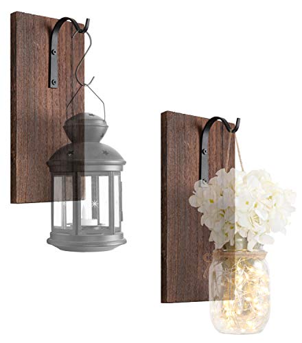 Product Cover Dahey Rustic Wall Hooks with Wood Board, Set of 2 Wrought Iron Hooks Metal Decorative Hangers for Hanging Mason Jars Lantern Planter Tin Pot Sconce Wall Decor
