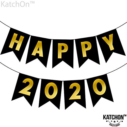 Product Cover KatchOn Happy 2020 New Year's Party Decorations - No DIY Required | Shiny Gold Foil Letter Print Paper Pennant Sign | Sturdy, New Years Eve Bunting Banner Garland Decor | Nye Decorations | Large