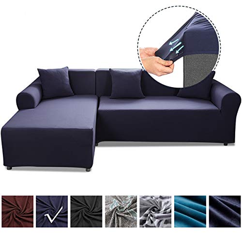 Product Cover SAFETYON Sand Sofa Slipcover Elastic Sofa Cover Sets L Shape Stretch Furniture Cover Pet Dog Sectional/Corner Couch Covers Thin Velvet L-Type Flexible Sofa Cover 3-seat +3 seat Dark Blue