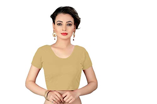 Product Cover Indian Ethnic Design Stretchable Cotton Lycra Blouses Beige Tops Readymade Saree Blouses Short Sleeve Crop Top