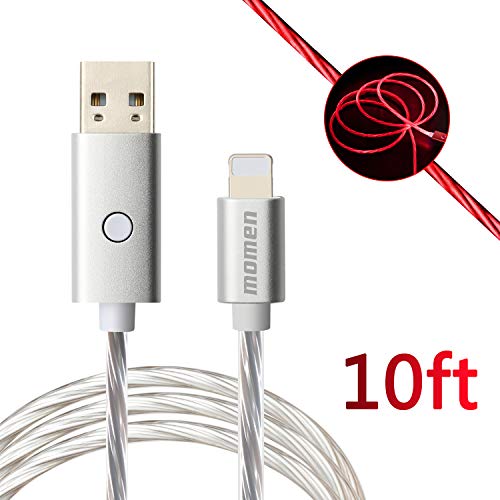 Product Cover momen iPhone Charger Cord, 10ft iPhone Charger Cable Compatible iPhone 11/X/8/8 Plus/7 Plus/7/6s Plus/6s/6 Plus/6/5s/5c/5, Visible Flowing LED Charging Cable with Switch Button (Red Light)