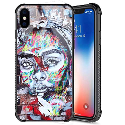 Product Cover iPhone X Case,African American Afro Girls Women Black Hair Colorful Artistic Print Design Tempered Glass Cover Case Shock Absorption Anti-Slip Bumper Case for Apple iPhone X