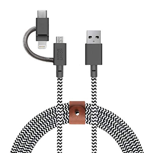 Product Cover Native Union Belt Cable Universal - 6.5ft Ultra-Strong Reinforced [Apple MFi Certified] Durable Charging Cable with 3-in-1 Adaptor for Lightning, USB-C and Micro-USB Devices (Zebra)