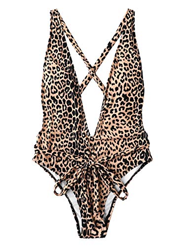 Product Cover SweatyRocks Women's Sexy Bathing Suits Criss Cross Tie Knot Front Deep V Open Back Leopard One Piece Swimwear