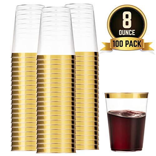Product Cover 100 Gold Plastic Cups 8 Oz Clear Plastic Cups Tumblers Gold Rimmed Cups Fancy Disposable Wedding Cups Elegant Party Cups with Gold Rim