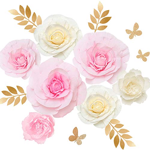 Product Cover Ling's moment Paper Flowers Decorations, Set of 7, Handcrafted Large Crepe Paper Rose Peony for Wall Baby Nursery Backdrop Bridal Shower Centerpiece Monogram Sign(Pink+White)