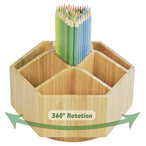 Product Cover Bamboo Rotating Art Supply Organizer, 7 Sections, Hold 350+ Pencils, School Supplies Organizer for Pen, Colored Pencil, Art Brushes, Desktop Storage Box in Classroom & Art Studio