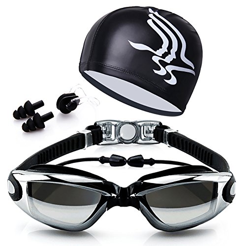 Product Cover Leoie Swimming Accessories, HD Waterproof Anti Fog Swimming Goggles Swim Cap Set - UV Protection Anti Shatter Lenses