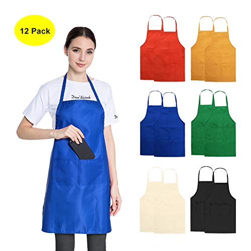 Product Cover Hi loyaya 12 Pack Bulk Colored Kitchen Aprons for Women Men Adults Chef, Painting Party Restaurant BBQ Cooking Bib Apron with 2 Pockets (12, Colorful3)
