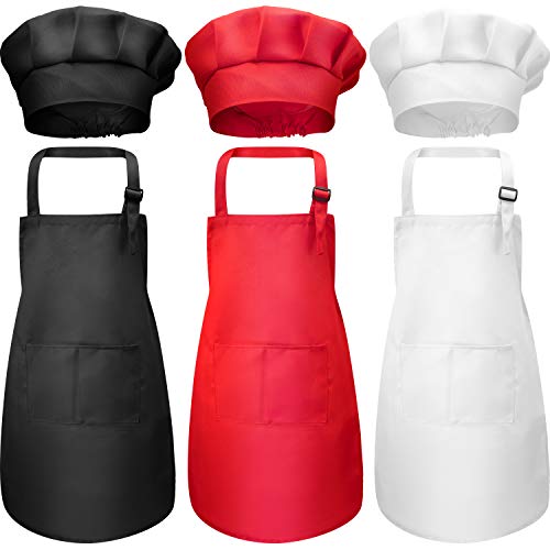 Product Cover Chengu 6 Pieces Kids Chef Hat Apron Set, Boys Girls Aprons for Kids Adjustable Cotton Aprons Kitchen Bib Aprons with 2 Pockets for Kitchen Cooking Baking Wear (Large , Color 1)