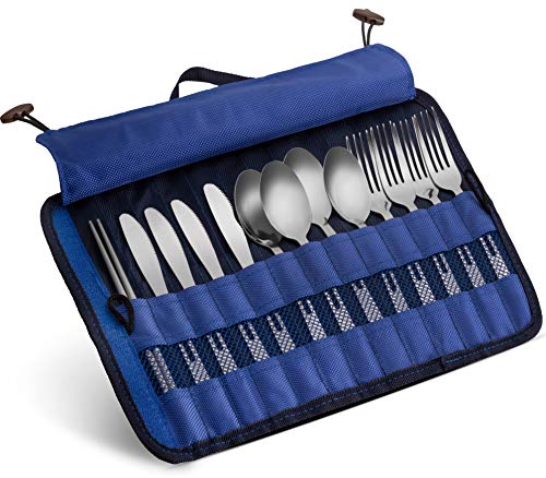 Product Cover 13 Piece Stainless Steel Family Cutlery Picnic Utensil Set with Travel Case for Camping | Hiking | BBQs - Includes Forks | Spoons | Knifes | Chopstick, Plus Nylon Commuter Case