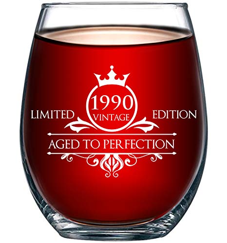 Product Cover 1990 30th Birthday Gifts for Women and Men Wine Glass - Funny Vintage Aged To Perfection - Anniversary Gift Ideas for Mom Dad Husband Wife - 30 Year Old Party Supplies Decorations for Him, Her - 15oz