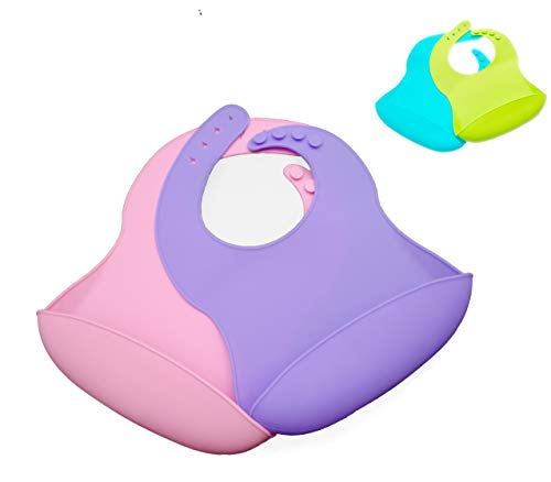 Product Cover 2 Pack Silicone Baby Bib, BPA Free, Easy Clean up (Pink and Purple)