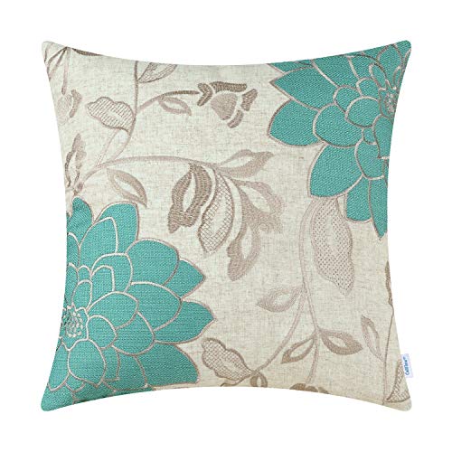 Product Cover CaliTime High Class Throw Pillow Cover Case for Couch Sofa Home Decoration Vintage Dahlia Floral Applique Embroidered 18 X 18 Inches Teal & Light Taupe
