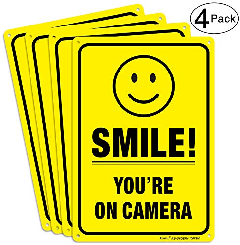 Product Cover (4 Pack) Smile You're on Camera Video Surveillance Sign - 10 x 7 Inches - .040 Rust Free Heavy Duty Aluminum - Indoor or Outdoor Use for Home Business CCTV Security Camera,UV Protected & Reflective