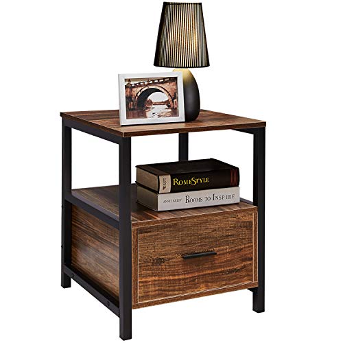 Product Cover VECELO Modern Rectangular Wood Nightstand Side/End/Coffee/Accent Table, Cabinet with Drawer for Storage, Brown
