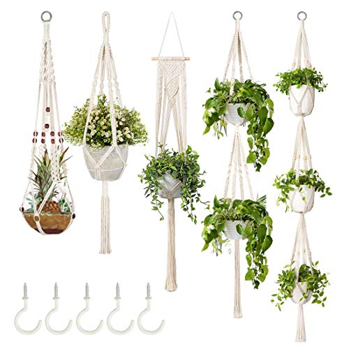 Product Cover 5-Pack Macrame Plant Hangers with 5 Hooks, Different Tiers, Handmade Cotton Rope Hanging Planters Set Flower Pots Holder Stand, for Indoor Outdoor Boho Home Decor