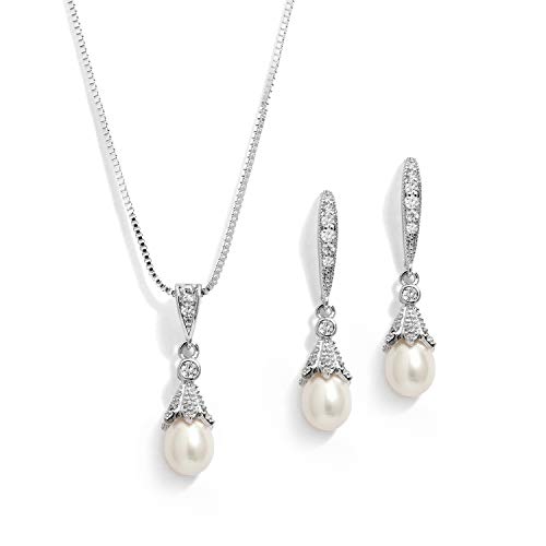 Product Cover Mariell Wedding Necklace & Earrings CZ Jewelry Set with Dainty Freshwater Pearl for Bridesmaids & Brides