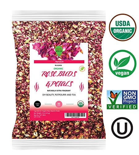 Product Cover Dualspices Organic Rose Buds & Petals Tea 4 Oz - Food grade edible Fragrant Natural Healthy Best for Tea, Baking, Making Rose Water, Crafting Freshest Directly from BULGARIA