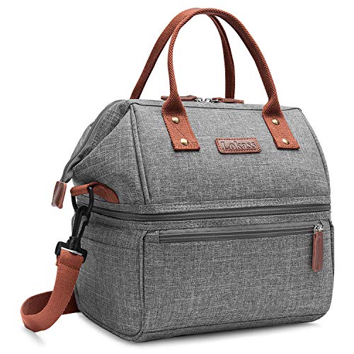 Product Cover Lokass Lunch Bags for Women Wide Open Insulated Lunch Box With Double Deck Large Capacity Cooler Tote Bag With Removable Shoulder Strap Lunch Organizer For Men/Outdoor/Work(Grey)