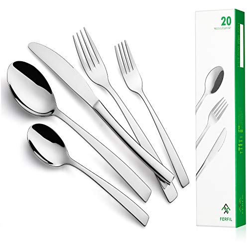 Product Cover Ferfil Flatware Set, 20-Piece Stainless Steel  Silverware /Cutlery /Tableware Set Service for 4, Include Knife/Fork/Spoon, Mirror Polished, Dishwasher Safe
