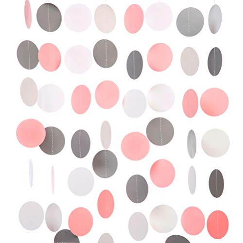 Product Cover Gray Pink White Paper Garland Circle Dots Party Garland Streamer Backdrop Hanging Decorations, 2.5