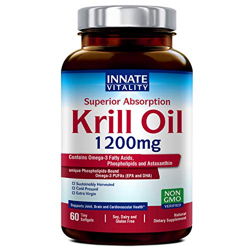 Product Cover Krill Oil with Omega3s Phospholipids and Astaxanthin 1200mg per Serving, 60 Softgels, Superior Absorption, Non-GMO, Gluten Dairy & Soy Free, Supports Joint, Brain and Cardiovascular Health Made in USA