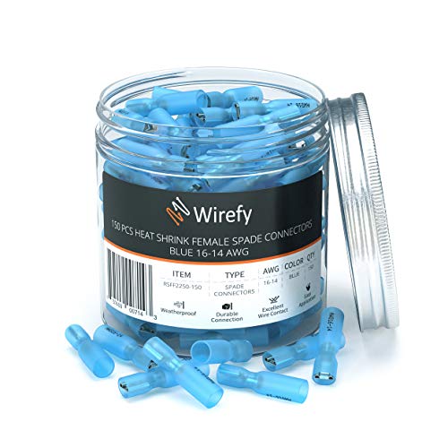 Product Cover 150 PCS Wirefy Female Spade Connectors - Heat Shrink Spade Connector Kit - Electrical Spade Terminals - Blue 16-14 Gauge Wire Connectors
