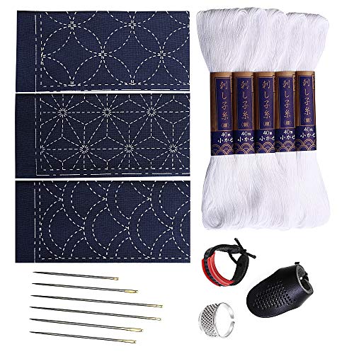 Product Cover Sashiko kit | Yokota Sashiko Thread, Needles and Template Yume Fukin with Original English Manual, Thimble Sewing Set, Fabric, Japanese Textile (White Thread/Navy Dishcloth)