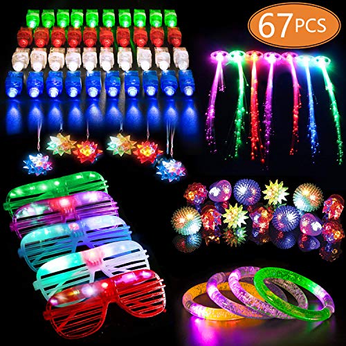 Product Cover MIBOTE 67 PCs LED Light Up Toys Party Favors Glow in the Dark Party Supplies for Kid/Adults with 40 Finger Lights, 10 Jelly Rings, 5 Flashing Glasses, 4 Bracelets, 4 Fiber Optic Hair Lights and 4 Crystal Necklaces