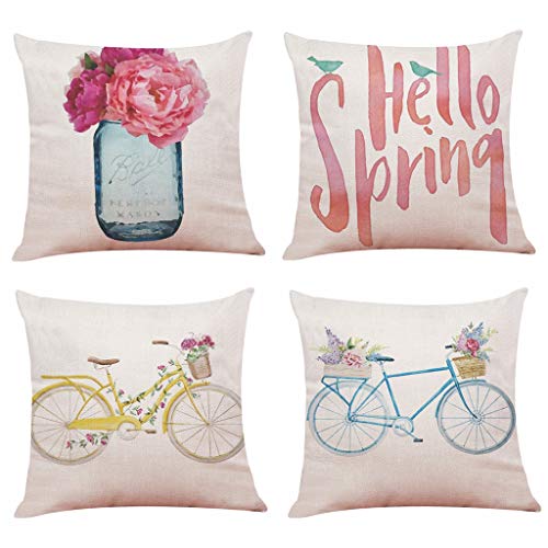 Product Cover Youngnet Spring Theme Flower Bicycle Throw Pillow Covers 18x18 inch Cotton Linen Cushion Cases Home Decor, Set of 4