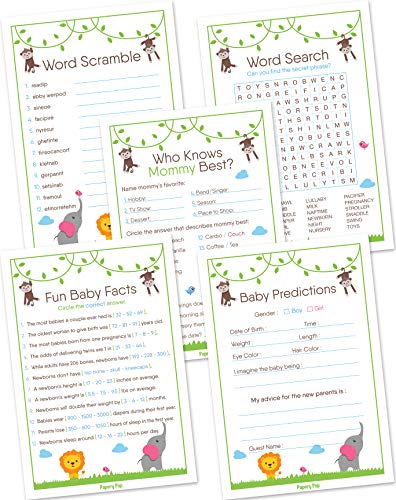 Product Cover Baby Shower Games for Boys or Girls - Set of 5 Activities - (50 Cards Each, 250 Total) - Baby Shower Supplies - Safari Jungle Zoo Animals