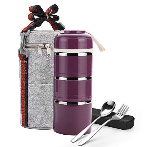 Product Cover Stackable Lunch Box, ArderLive Portable Stainless Steel Insulated Lunch Box with Lunch Bag & Portable utensil, BPA Free Leakproof Food Storage Container with lid.（3layer，purple）