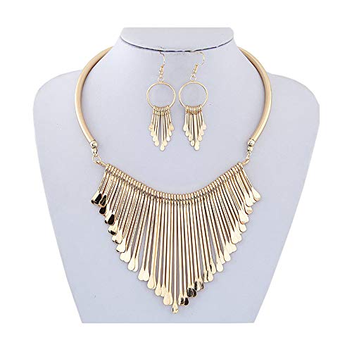 Product Cover Juland Statement Bib Necklace with Golden Metal Fringe Drop Choker Necklace Earrings Set Fashion Bohemian Punk Ethnic Style for Women and Girls