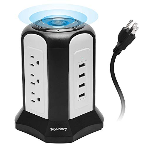 Product Cover 10ft Power Strip Tower Wireless Charger SUPERDANNY Surge Protector Extension Cord 10A 9-Outlet 4 USB 4.5A Fast Speed Charging Station Universal Electrical Socket for Laptop Phone Black and White